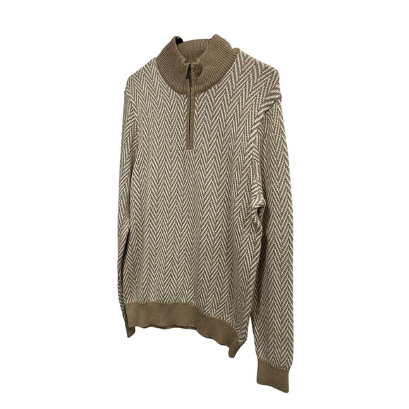 Perry Ellis Mens Beige & White Herringbone Quarter-Zip Sweater Sz Medium - Picture 3 of 10